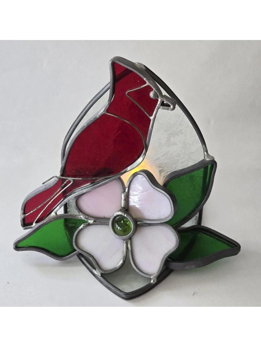 Stained Glass Cardinal Bird & Flower Blossoms  Candle Votives, Tea Light